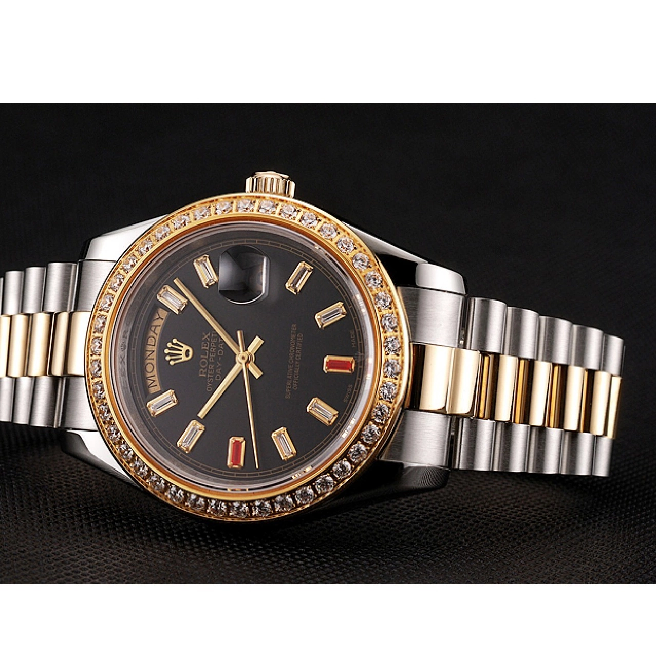Aaa replica watch Rubies Tone Rolex Two Black Swiss And Dial Diamonds Day-Date Bracelet 1454105 0716
